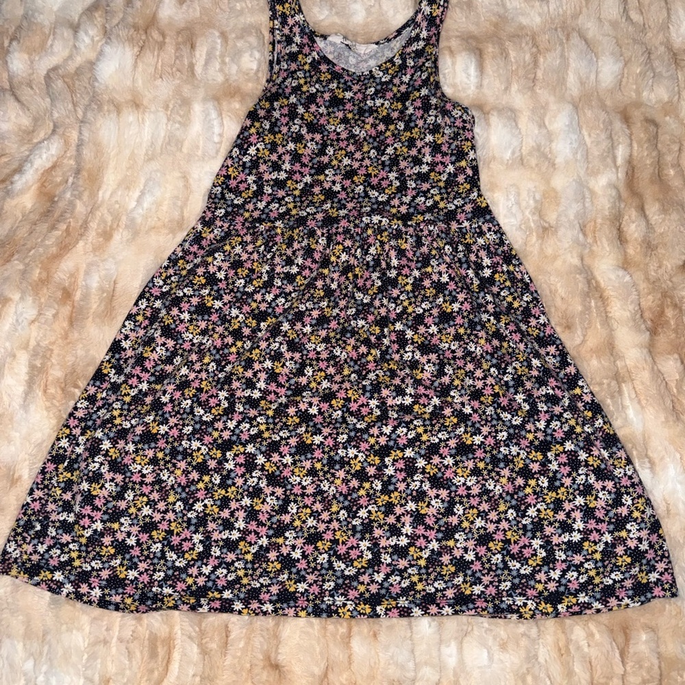 Girls Sleeveless Floral A-Line Dress - Black with Pink & Yellow Flowers